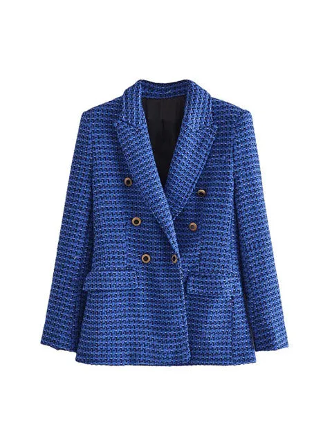 Wjczt Women 2022 Fashion Texture Double Breasted Woolen Check Blazer Coat Vintage Long Sleeve Pockets Female Outerwear Chic Veste