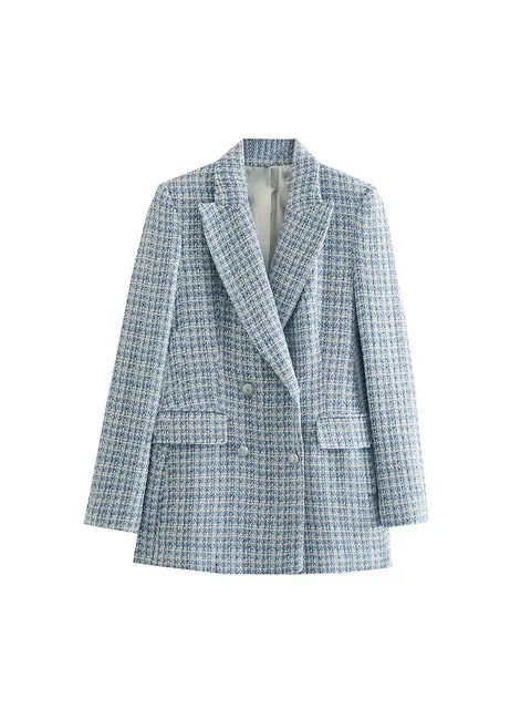 Wjczt Women 2022 Fashion Texture Double Breasted Woolen Check Blazer Coat Vintage Long Sleeve Pockets Female Outerwear Chic Veste