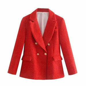 Wjczt Women 2022 Fashion Texture Double Breasted Woolen Check Blazer Coat Vintage Long Sleeve Pockets Female Outerwear Chic Veste