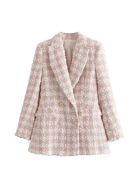 Wjczt Women 2022 Fashion Texture Double Breasted Woolen Check Blazer Coat Vintage Long Sleeve Pockets Female Outerwear Chic Veste