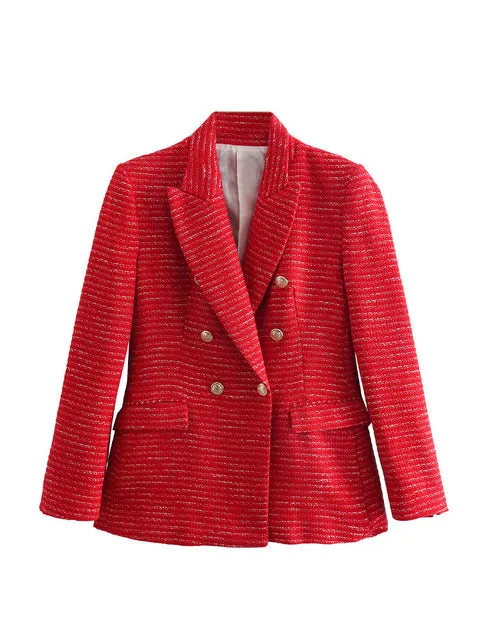 Wjczt Women 2022 Fashion Texture Double Breasted Woolen Check Blazer Coat Vintage Long Sleeve Pockets Female Outerwear Chic Veste