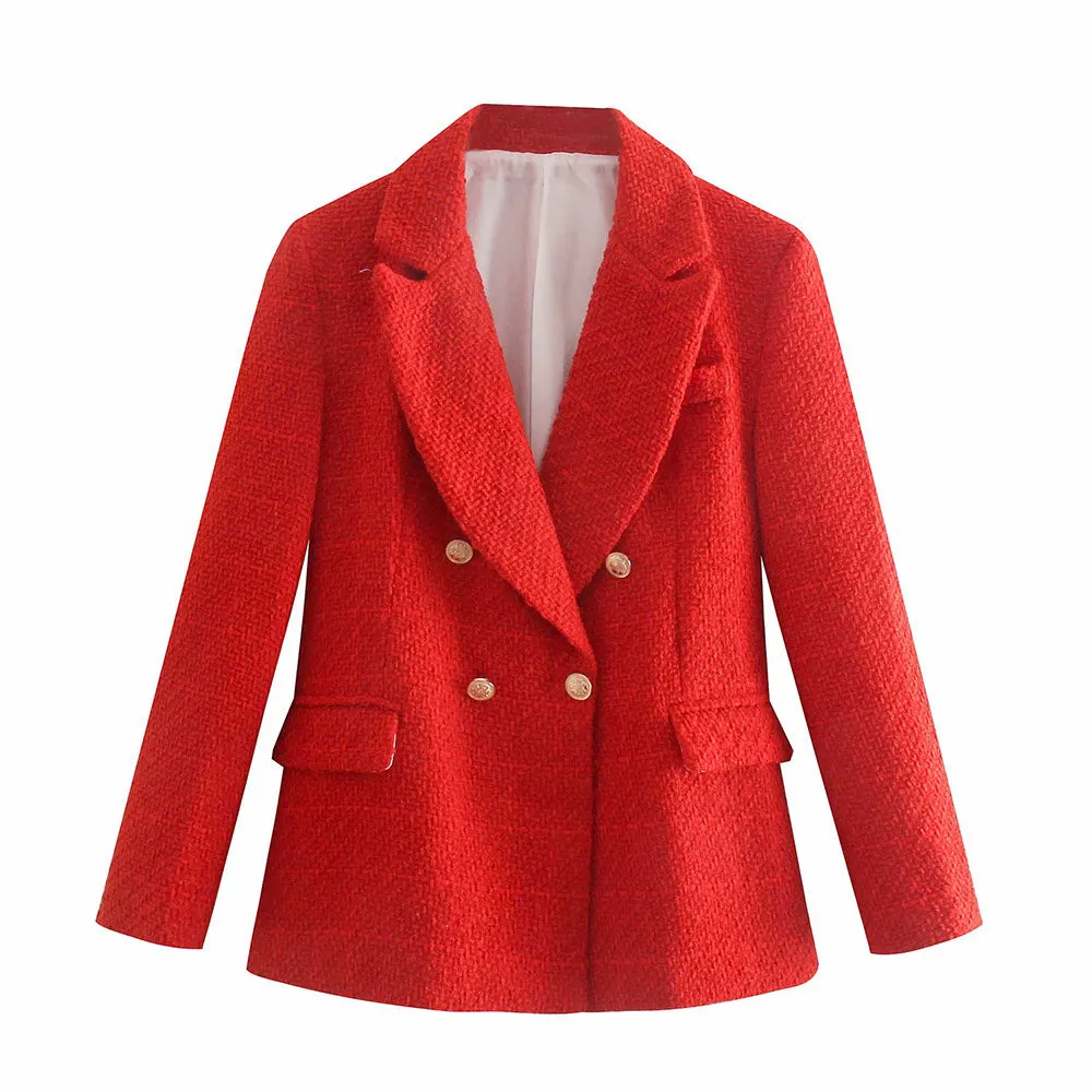 Wjczt Women 2022 Fashion Texture Double Breasted Woolen Check Blazer Coat Vintage Long Sleeve Pockets Female Outerwear Chic Veste