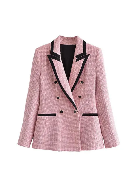 Wjczt Women 2022 Fashion Texture Double Breasted Woolen Check Blazer Coat Vintage Long Sleeve Pockets Female Outerwear Chic Veste
