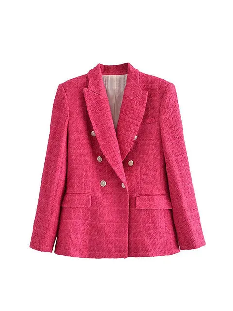 Wjczt Women 2022 Fashion Texture Double Breasted Woolen Check Blazer Coat Vintage Long Sleeve Pockets Female Outerwear Chic Veste