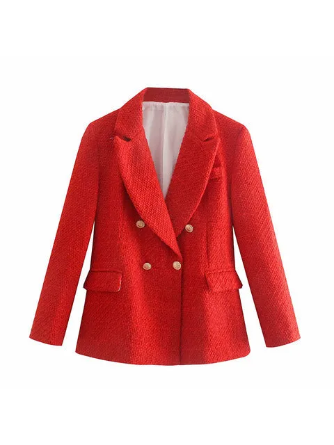Wjczt Women 2022 Fashion Texture Double Breasted Woolen Check Blazer Coat Vintage Long Sleeve Pockets Female Outerwear Chic Veste