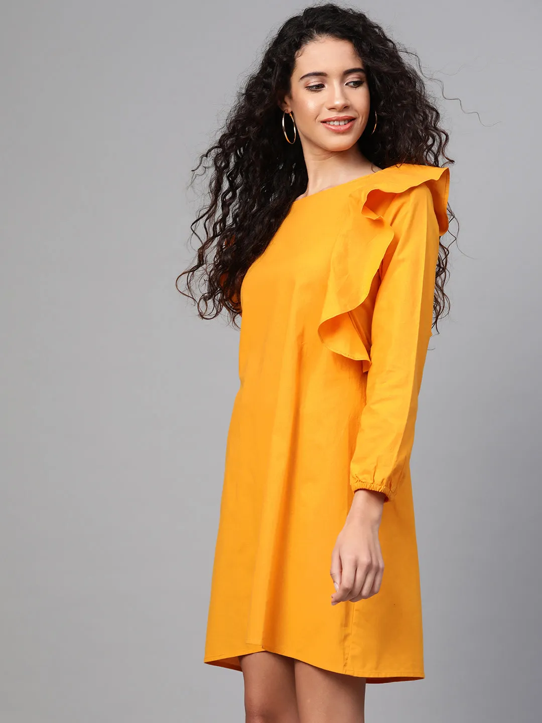 Women Mustard Frill Shift Dress