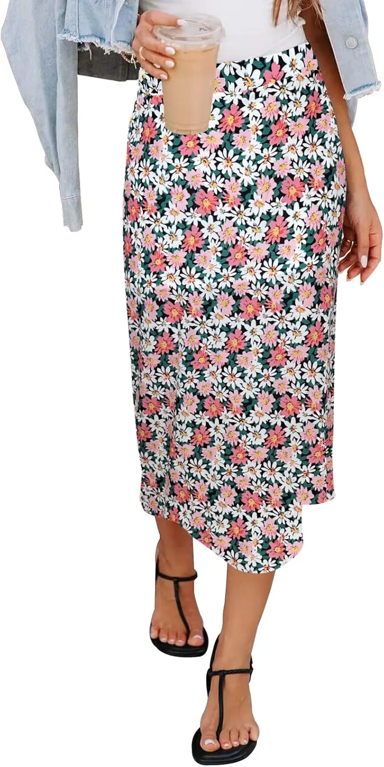 Womens Floral Print Midi Skirt Casual High Elastic Waist Zipper Vintage Long Boho Skirts for Women