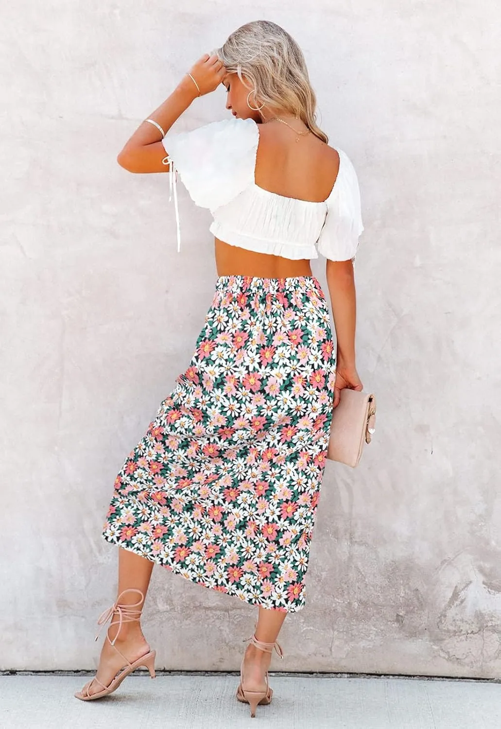 Womens Floral Print Midi Skirt Casual High Elastic Waist Zipper Vintage Long Boho Skirts for Women