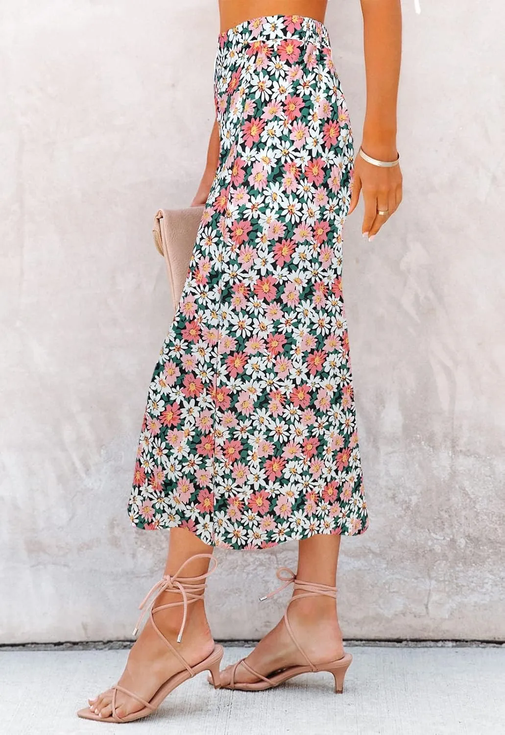 Womens Floral Print Midi Skirt Casual High Elastic Waist Zipper Vintage Long Boho Skirts for Women