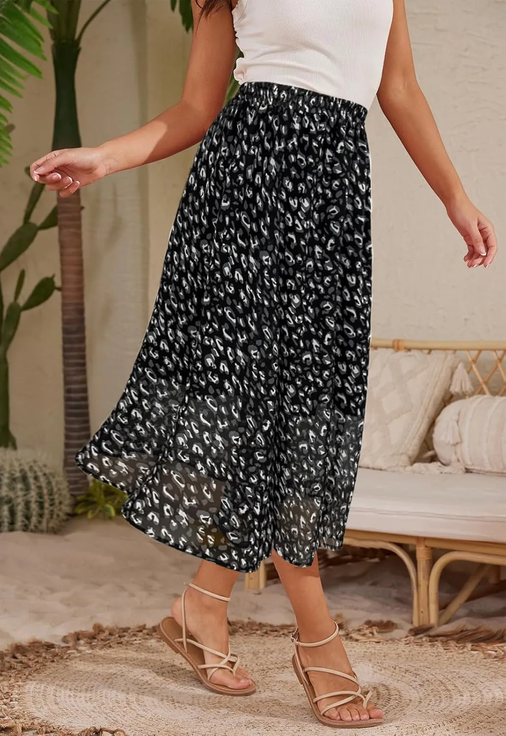 Womens Midi Floral Print Skirt Flowy Boho High Elastic Waist Trendy Summer Beach Long Skirts for Women