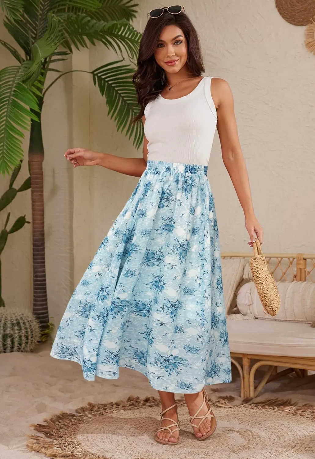 Womens Midi Floral Print Skirt Flowy Boho High Elastic Waist Trendy Summer Beach Long Skirts for Women