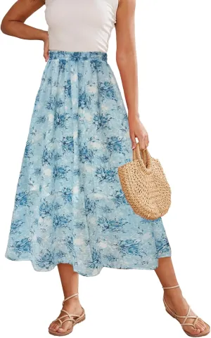 Womens Midi Floral Print Skirt Flowy Boho High Elastic Waist Trendy Summer Beach Long Skirts for Women