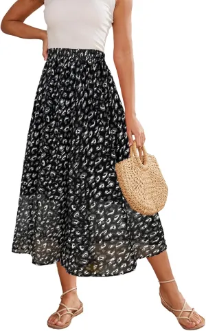 Womens Midi Floral Print Skirt Flowy Boho High Elastic Waist Trendy Summer Beach Long Skirts for Women