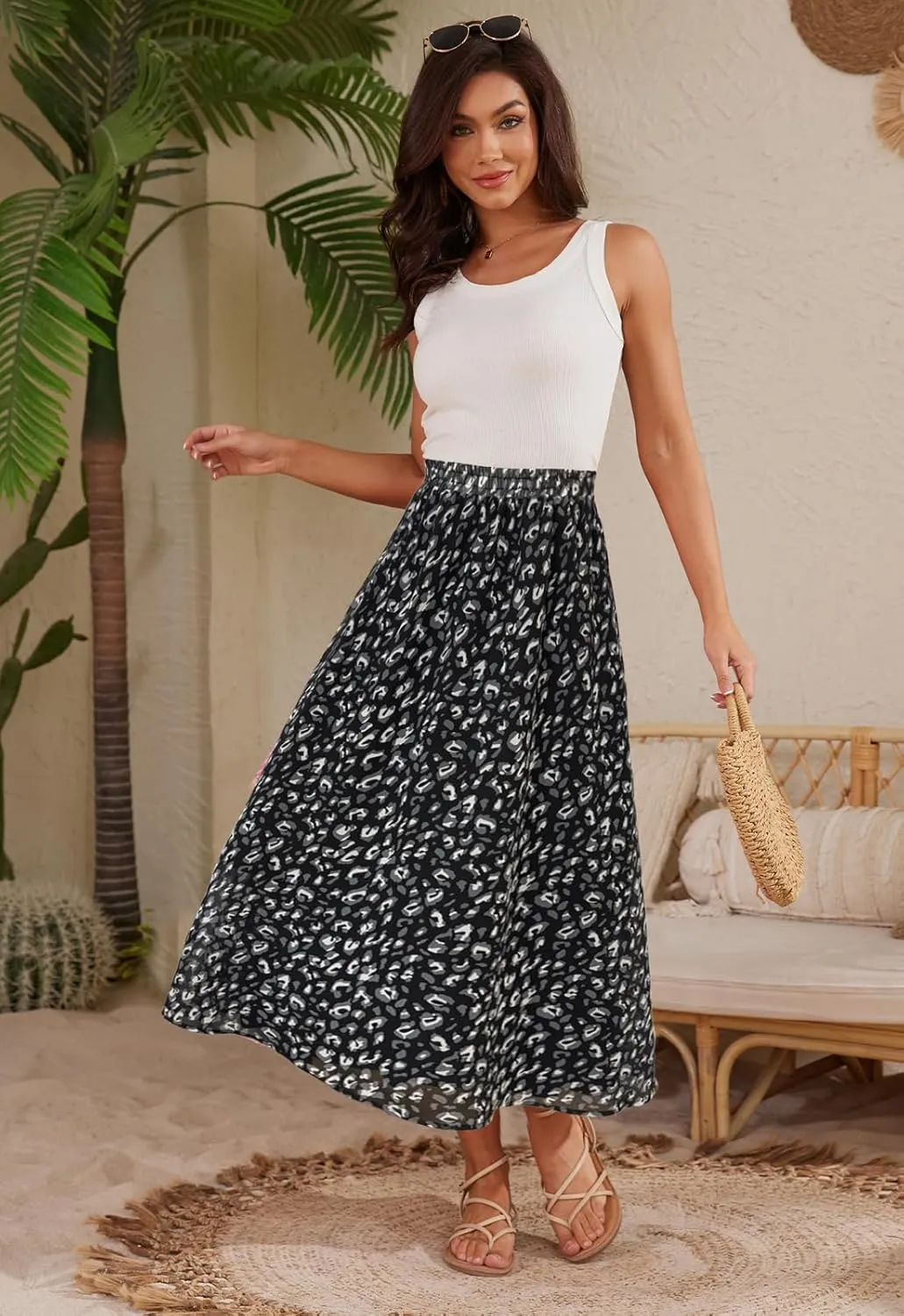 Womens Midi Floral Print Skirt Flowy Boho High Elastic Waist Trendy Summer Beach Long Skirts for Women
