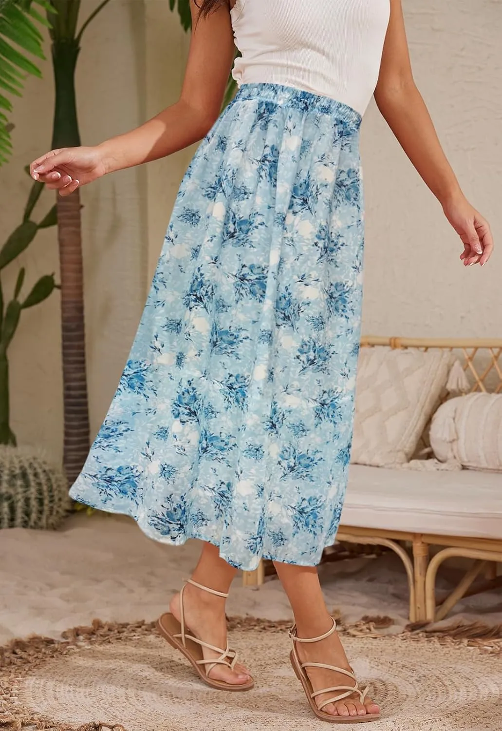 Womens Midi Floral Print Skirt Flowy Boho High Elastic Waist Trendy Summer Beach Long Skirts for Women