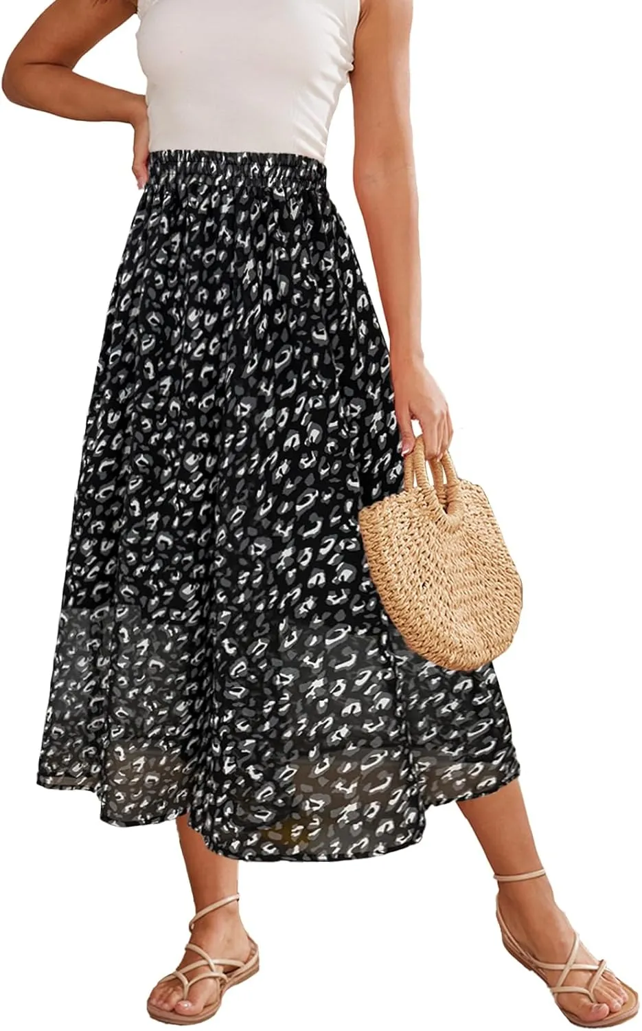 Womens Midi Floral Print Skirt Flowy Boho High Elastic Waist Trendy Summer Beach Long Skirts for Women