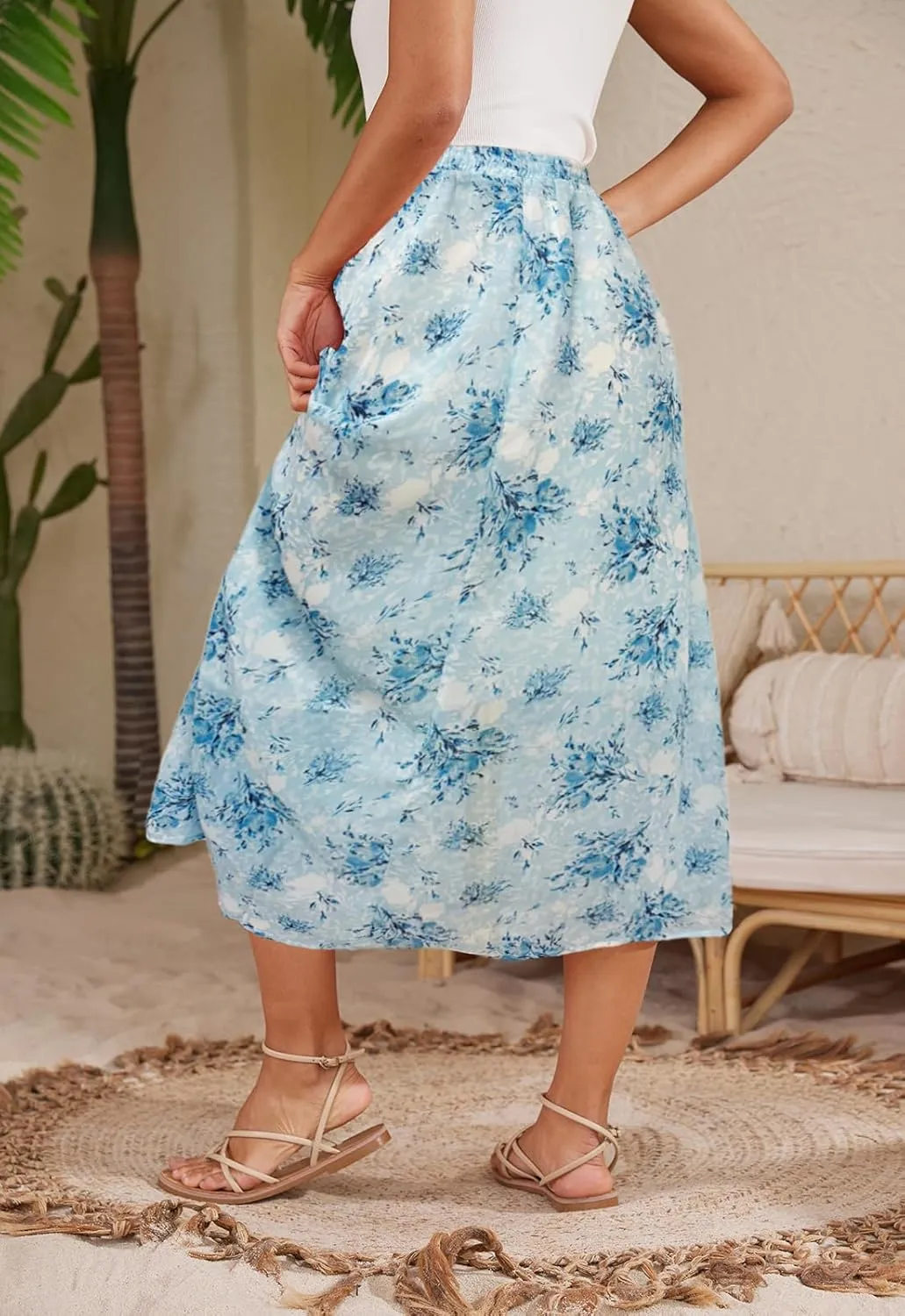 Womens Midi Floral Print Skirt Flowy Boho High Elastic Waist Trendy Summer Beach Long Skirts for Women