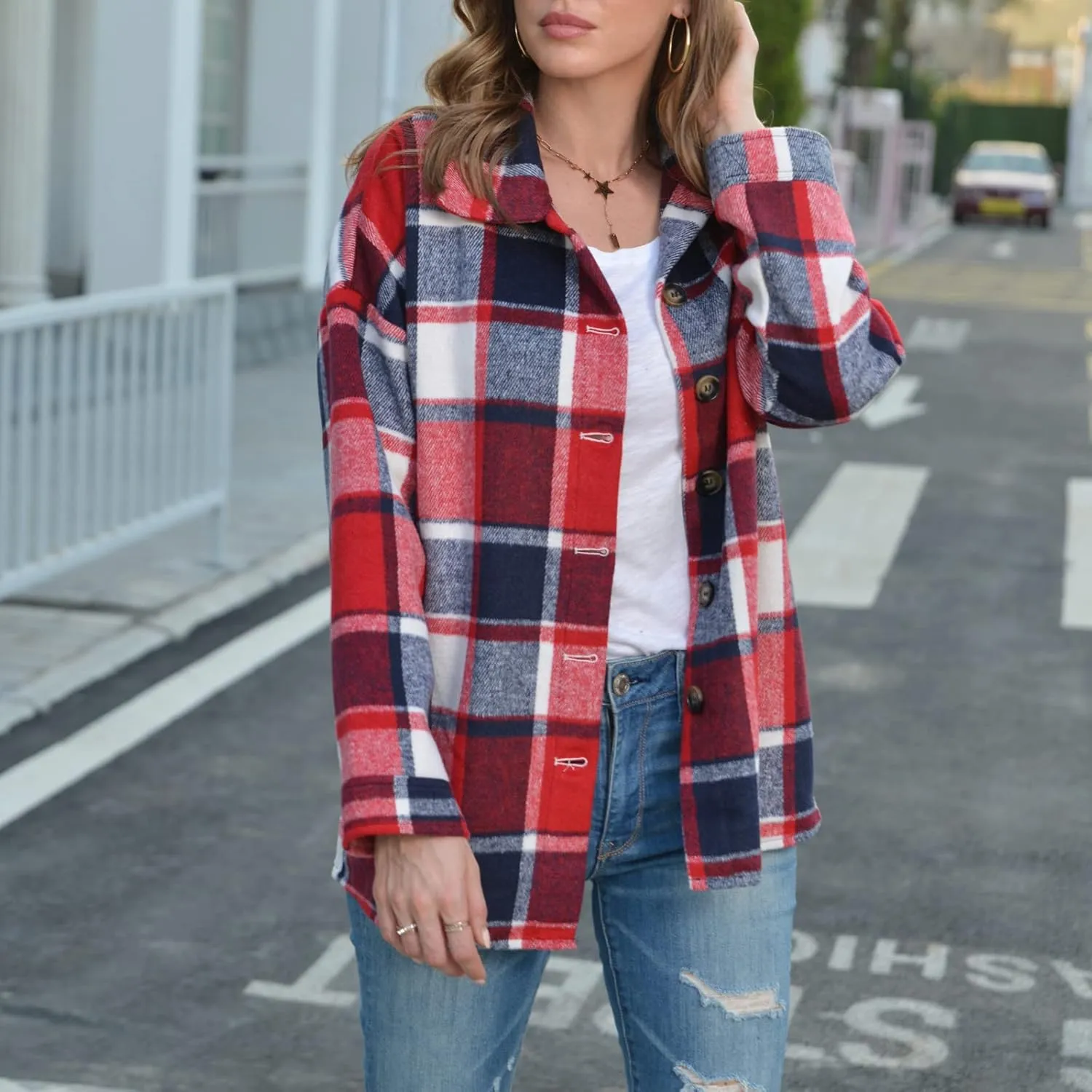 Women's Plus Size Flannel Plaid Shacket Jacket Button Down Long Sleeve Casual Coat Wool Blend Corduroy Coat