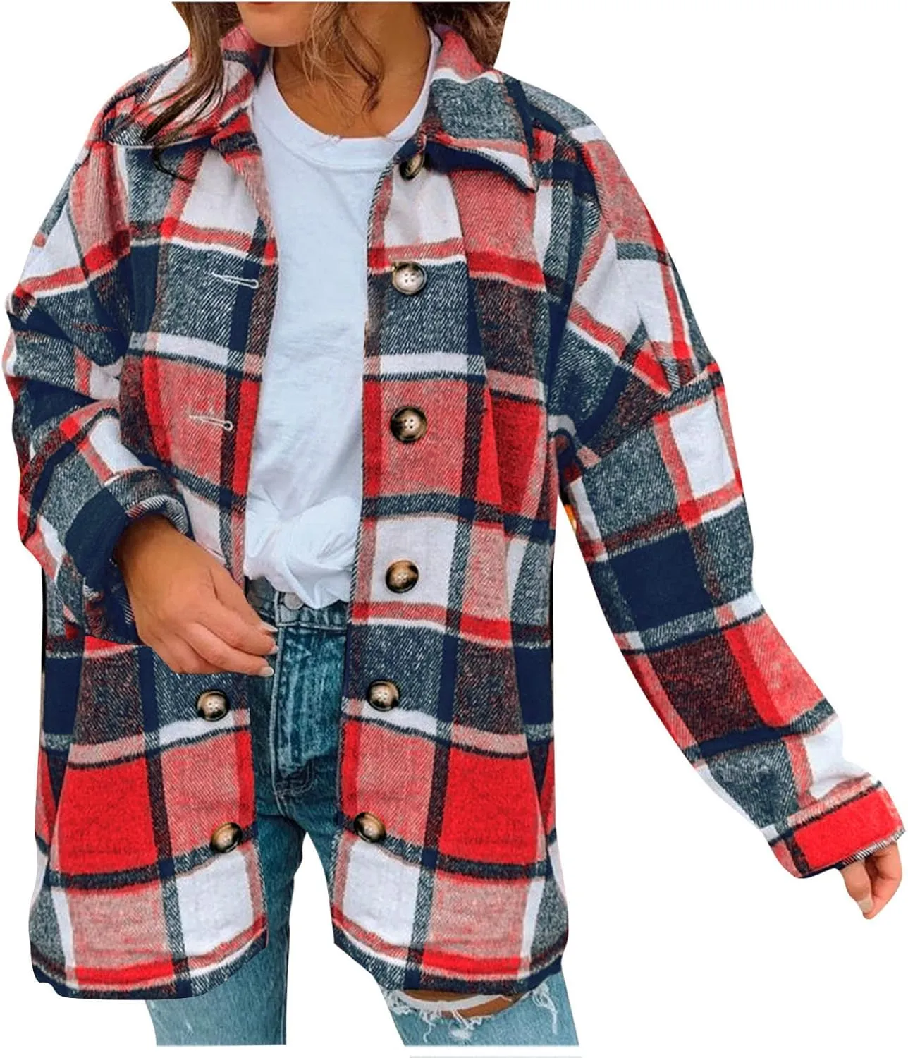 Women's Plus Size Flannel Plaid Shacket Jacket Button Down Long Sleeve Casual Coat Wool Blend Corduroy Coat