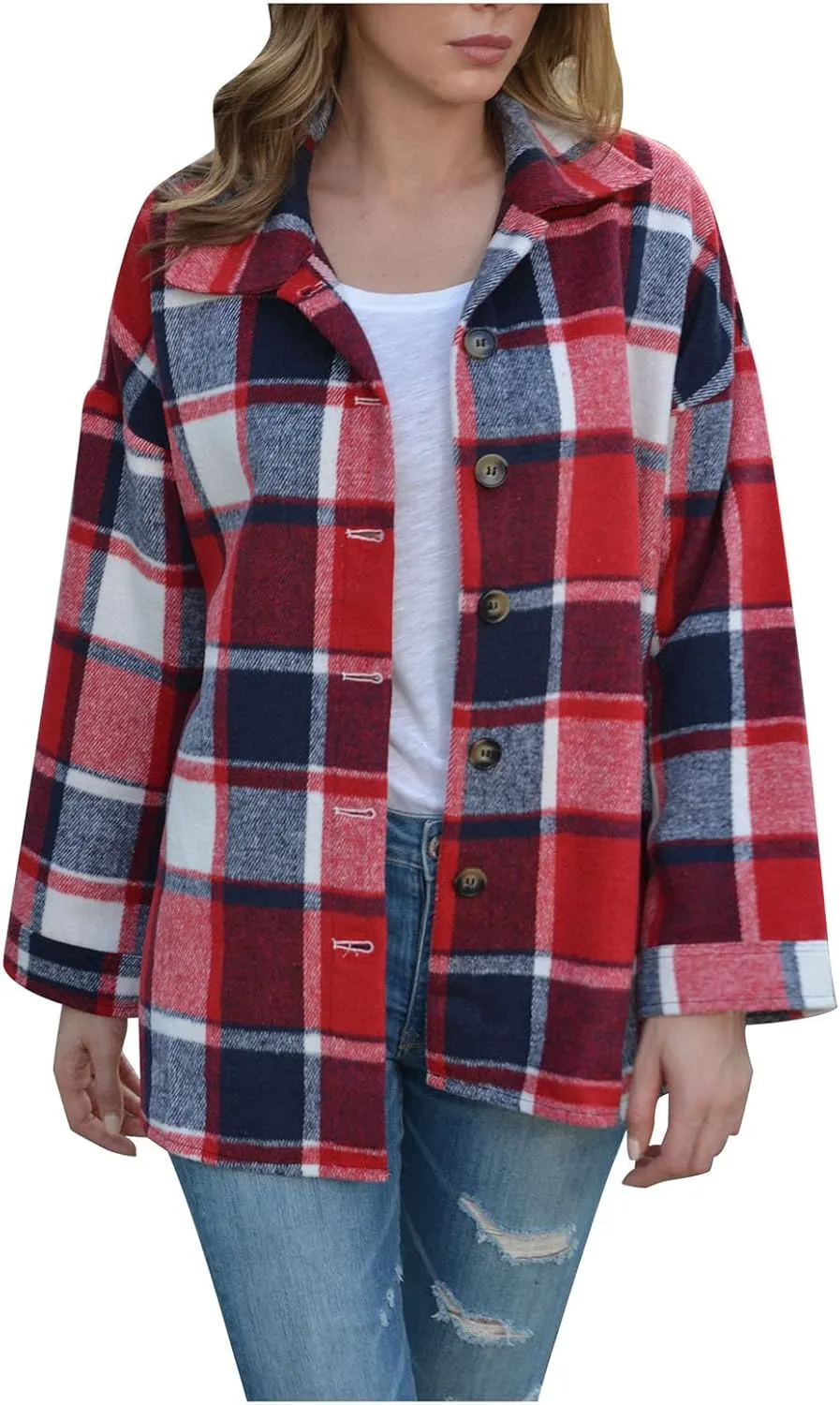 Women's Plus Size Flannel Plaid Shacket Jacket Button Down Long Sleeve Casual Coat Wool Blend Corduroy Coat