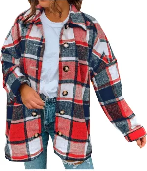 Women's Plus Size Flannel Plaid Shacket Jacket Button Down Long Sleeve Casual Coat Wool Blend Corduroy Coat