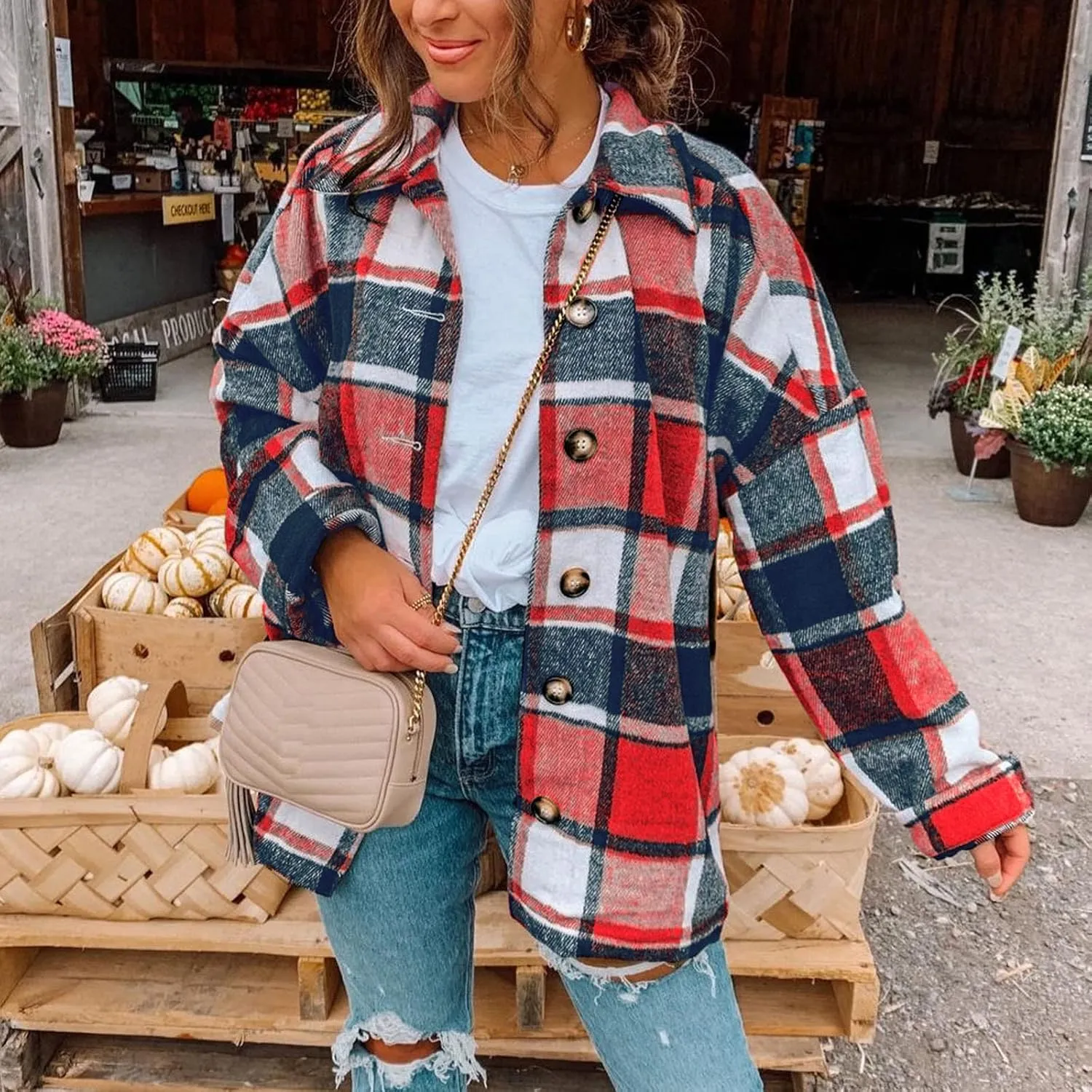 Women's Plus Size Flannel Plaid Shacket Jacket Button Down Long Sleeve Casual Coat Wool Blend Corduroy Coat