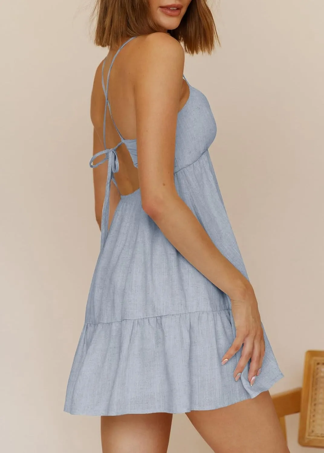 Womens V Neck Crisscross Backless Dresses Tie Back Sleeveless Ruffle Hem Flowy Swing A-Line Vintage Summer Mini Dress