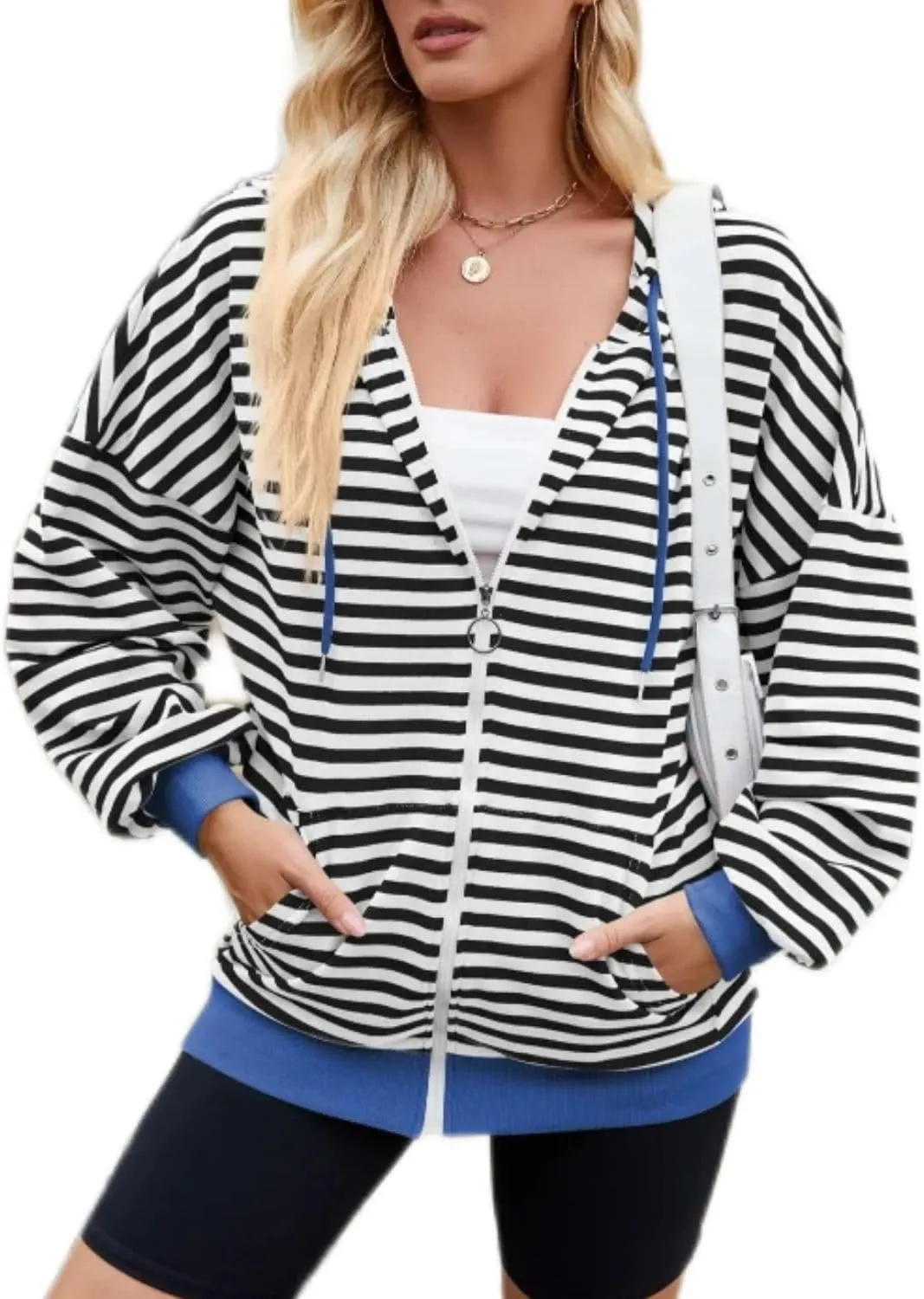 Womens Zip Up Hoodies,Color Block Striped Jackets,Oversize Casual Sweatshirts With Pocket,2024 Fall Fashion Outfits